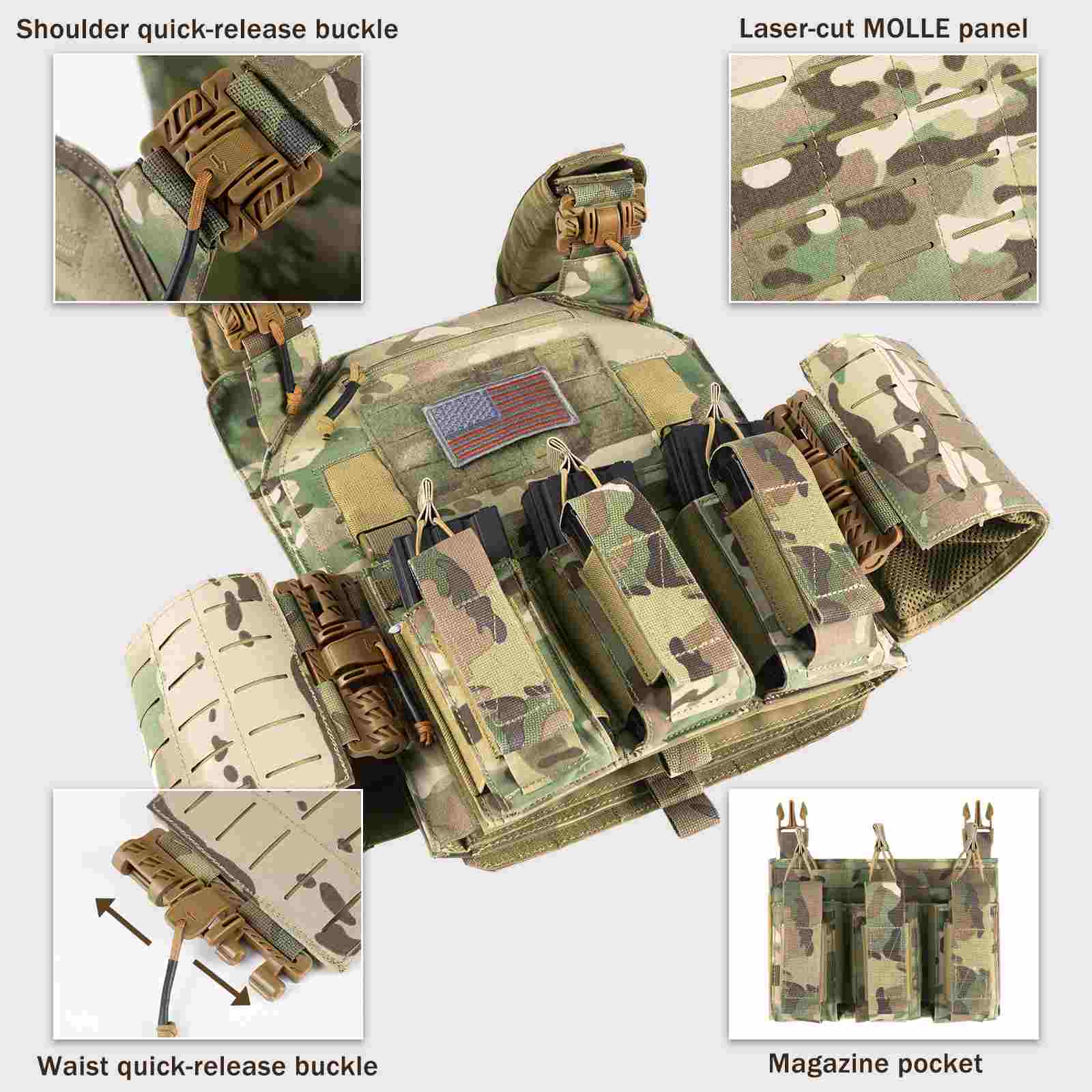Votagoo Tactical Vest 601 Laser Cut Molle Adjustable Plate Carrier Military Gear