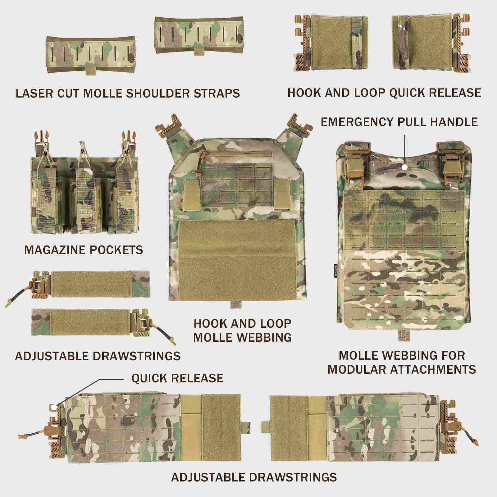 Votagoo Tactical Vest 601 Laser Cut Molle Adjustable Plate Carrier Military Gear