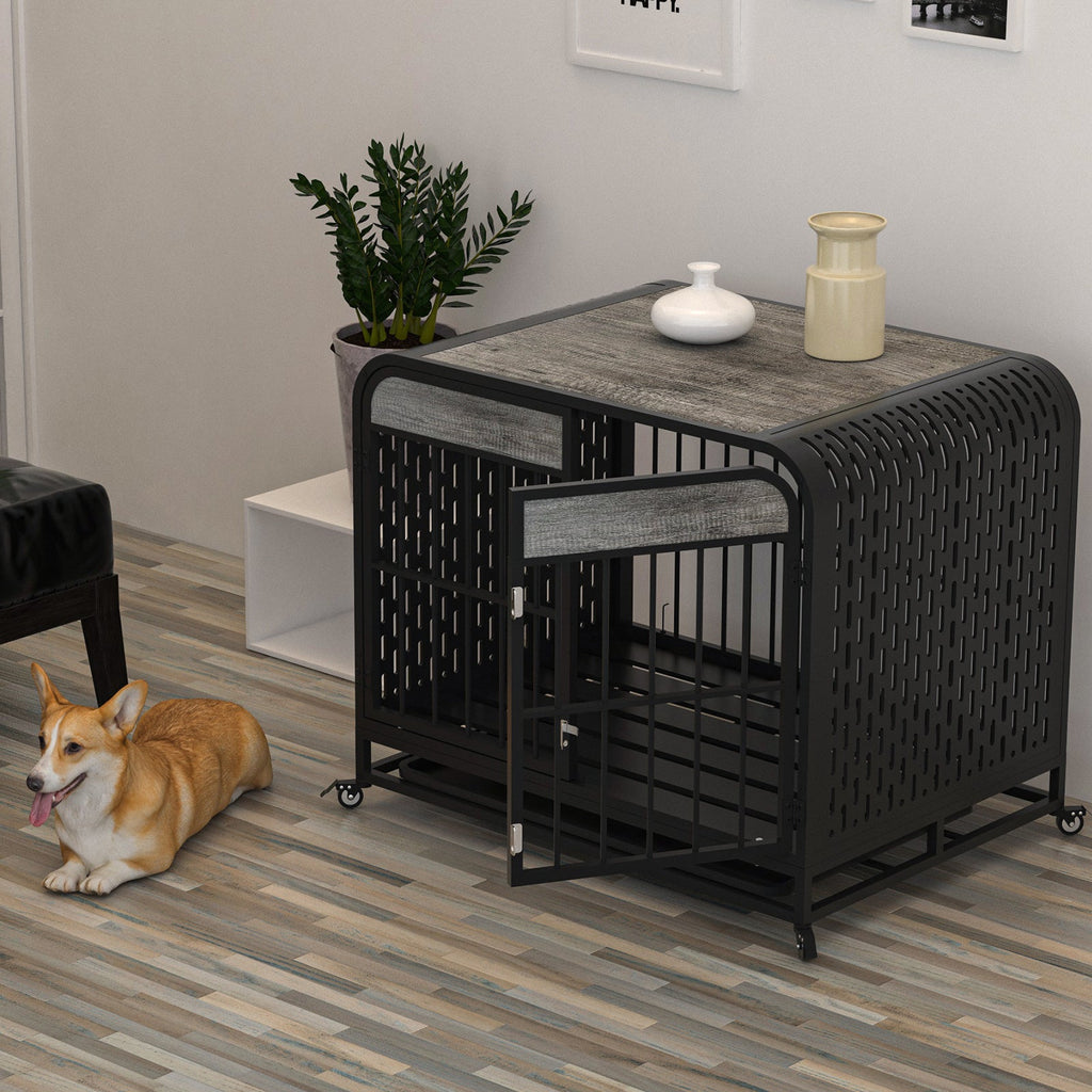 Heavy Duty Wooden Dog Crate Furniture Table 33 Inch Grey - Stylish and Durable Pet Solution