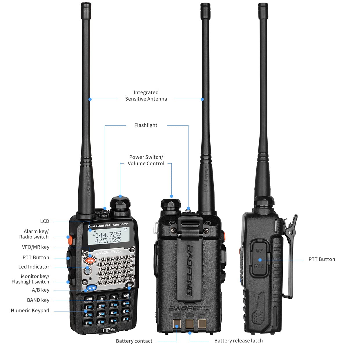 Baofeng UV-5R Two Way Radio Dual Band 144-148/420-450Mhz Walkie Talkie 1800mAh Li-ion Battery(Black)