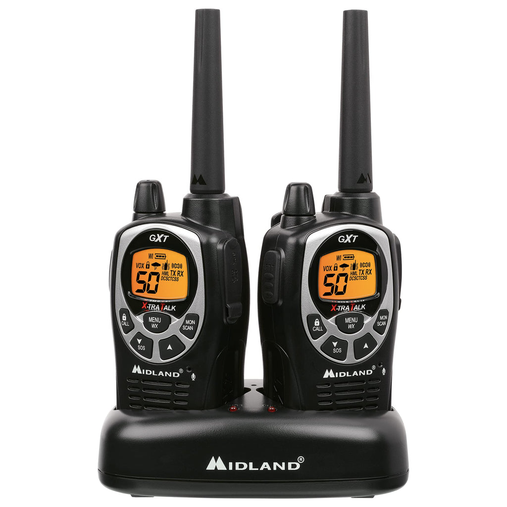 Midland GXT1030VP4 GMRS Two-Way Radio (50-Channel, Long Range, 142 Privacy Codes, SOS, NOAA, Rechargeable Nickel Battery, Black/Yellow, 2-Pack)