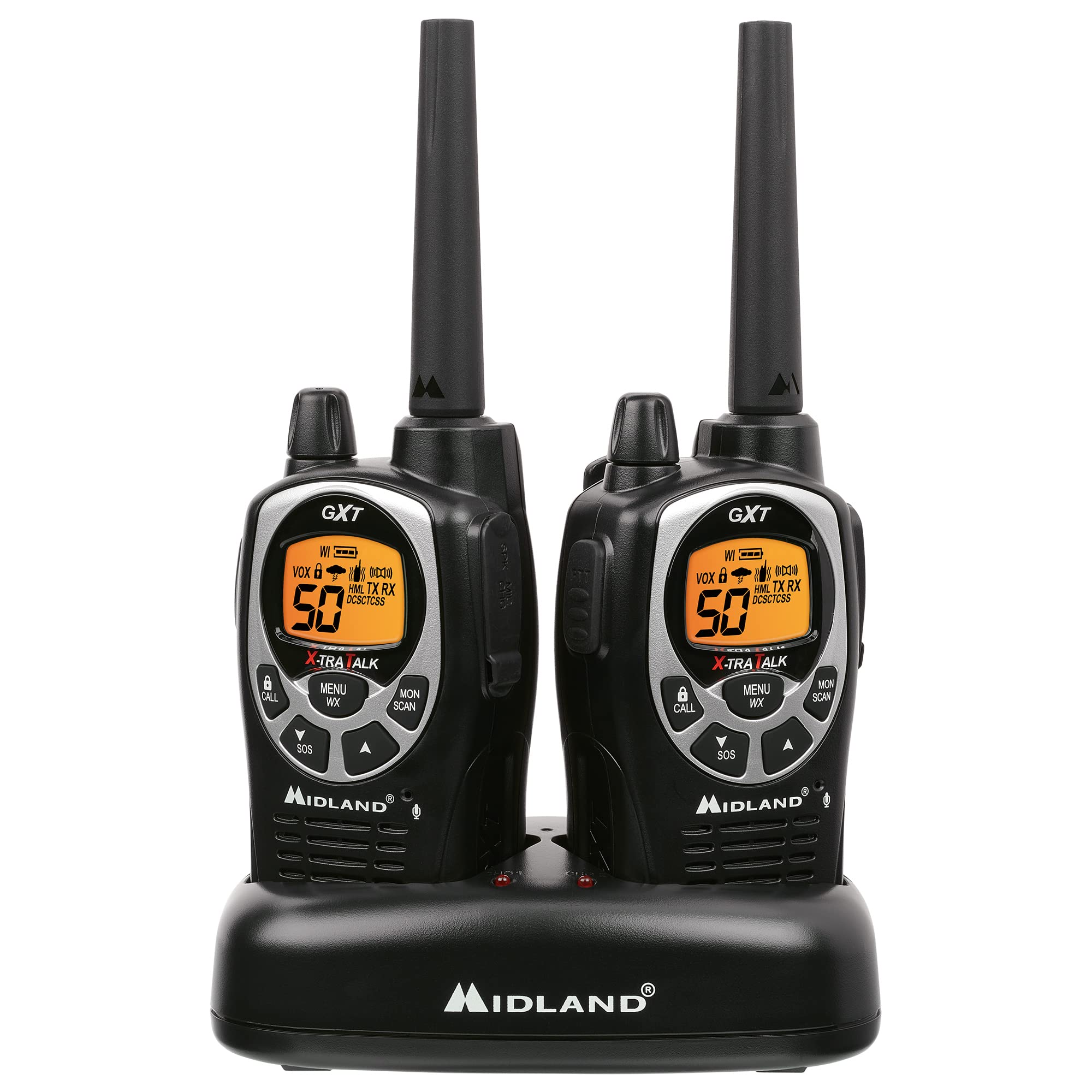 Midland GXT1030VP4 GMRS Two-Way Radio (50-Channel, Long Range, 142 Privacy Codes, SOS, NOAA, Rechargeable Nickel Battery, Black/Yellow, 2-Pack)