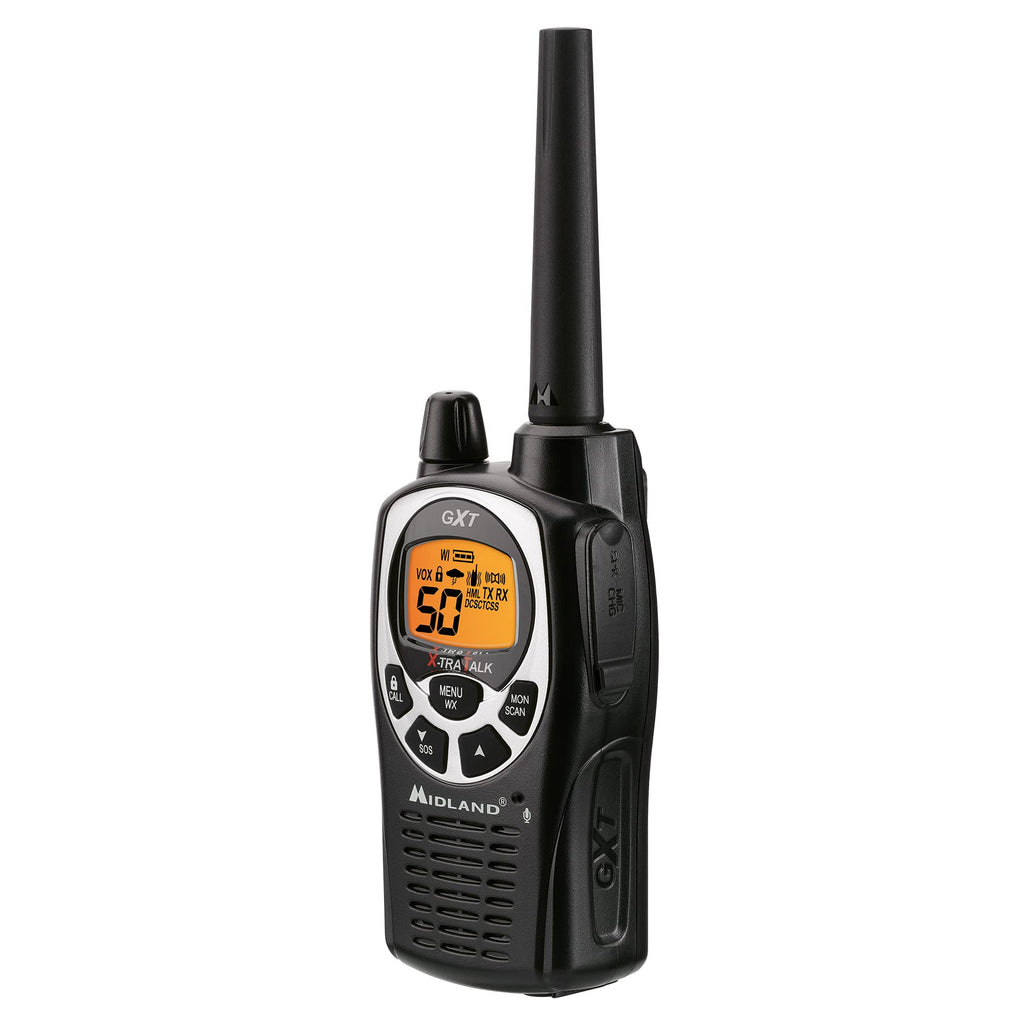 Midland GXT1030VP4 GMRS Two-Way Radio (50-Channel, Long Range, 142 Privacy Codes, SOS, NOAA, Rechargeable Nickel Battery, Black/Yellow, 2-Pack)