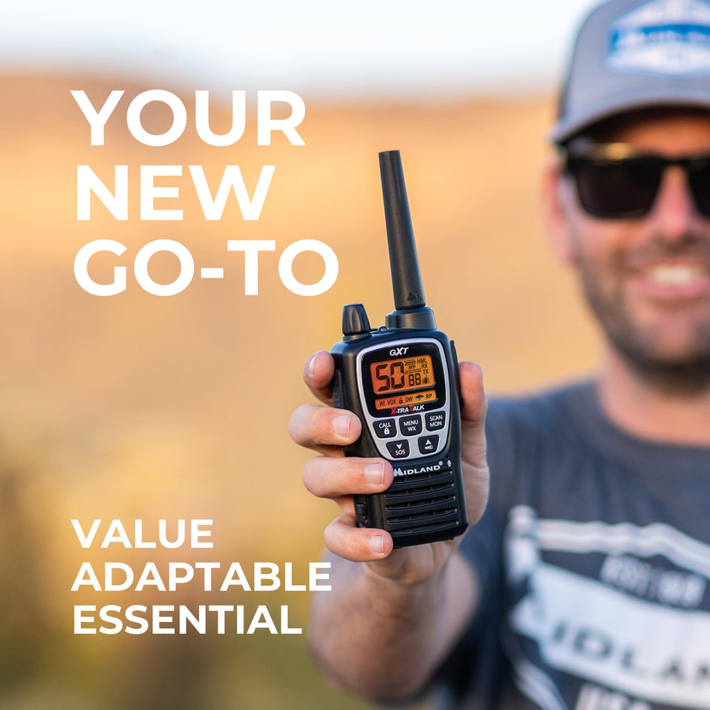 Midland GXT1030VP4 GMRS Two-Way Radio (50-Channel, Long Range, 142 Privacy Codes, SOS, NOAA, Rechargeable Nickel Battery, Black/Yellow, 2-Pack)