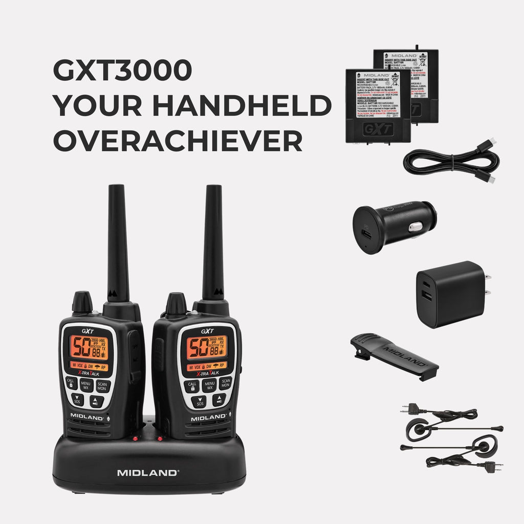 Midland GXT1030VP4 GMRS Two-Way Radio (50-Channel, Long Range, 142 Privacy Codes, SOS, NOAA, Rechargeable Nickel Battery, Black/Yellow, 2-Pack)