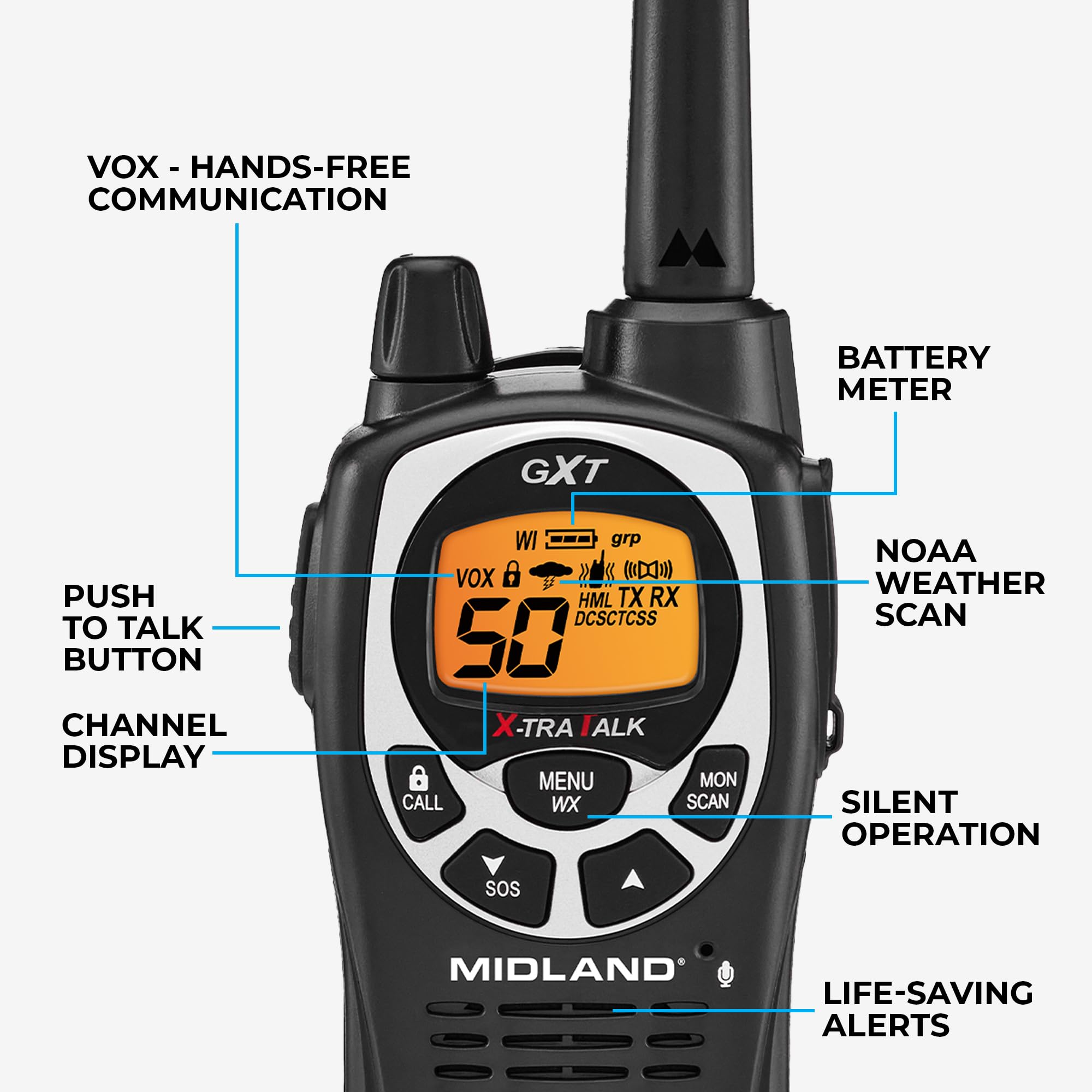 Midland GXT1030VP4 GMRS Two-Way Radio (50-Channel, Long Range, 142 Privacy Codes, SOS, NOAA, Rechargeable Nickel Battery, Black/Yellow, 2-Pack)