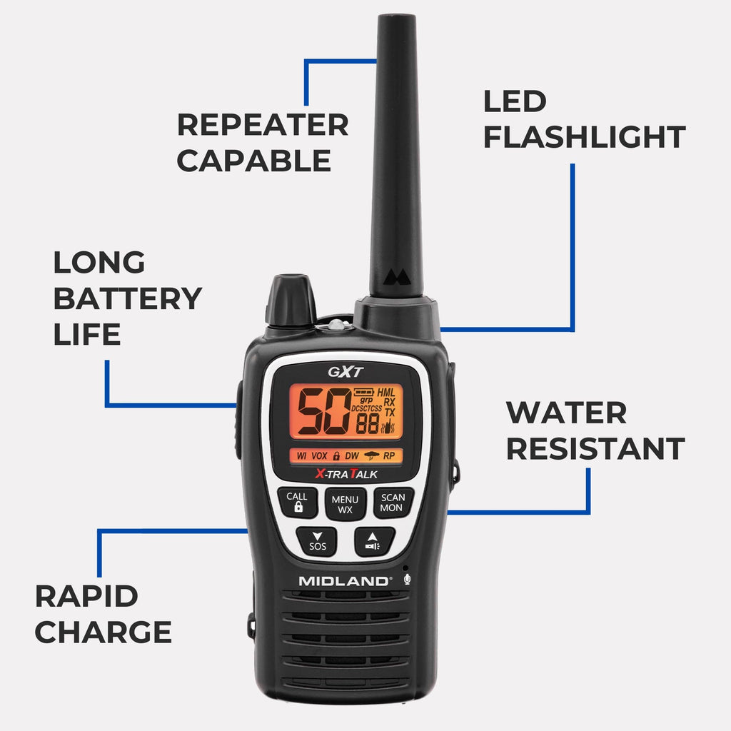 Midland GXT1030VP4 GMRS Two-Way Radio (50-Channel, Long Range, 142 Privacy Codes, SOS, NOAA, Rechargeable Nickel Battery, Black/Yellow, 2-Pack)