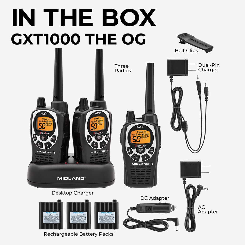 Midland GXT1030VP4 GMRS Two-Way Radio (50-Channel, Long Range, 142 Privacy Codes, SOS, NOAA, Rechargeable Nickel Battery, Black/Yellow, 2-Pack)