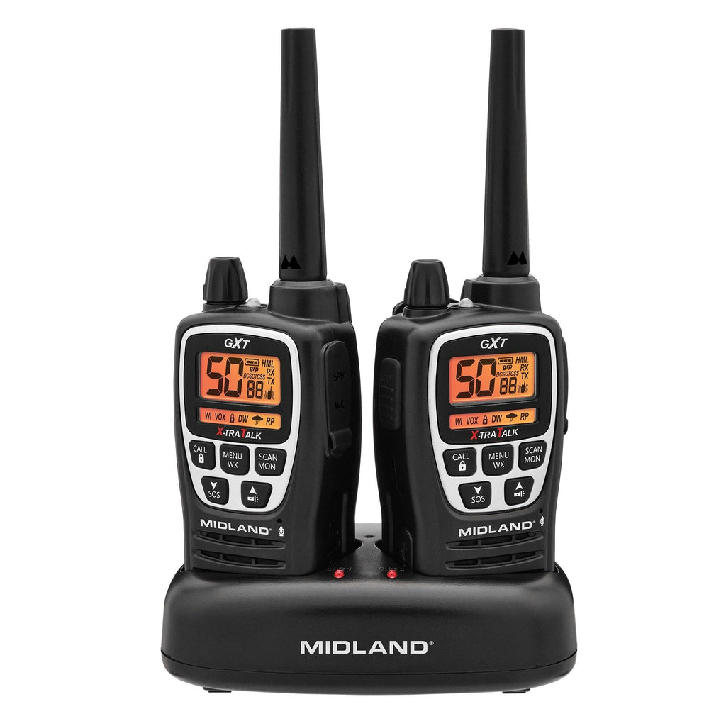 Midland GXT1030VP4 GMRS Two-Way Radio (50-Channel, Long Range, 142 Privacy Codes, SOS, NOAA, Rechargeable Nickel Battery, Black/Yellow, 2-Pack)