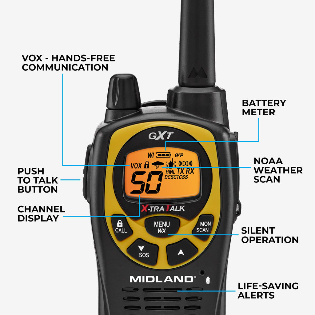Midland GXT1030VP4 GMRS Two-Way Radio (50-Channel, Long Range, 142 Privacy Codes, SOS, NOAA, Rechargeable Nickel Battery, Black/Yellow, 2-Pack)