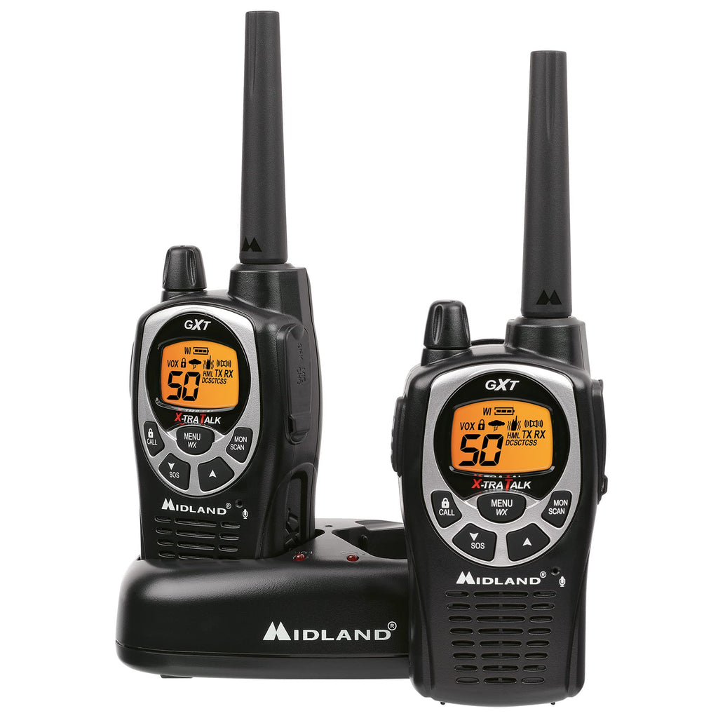 Midland GXT1030VP4 GMRS Two-Way Radio (50-Channel, Long Range, 142 Privacy Codes, SOS, NOAA, Rechargeable Nickel Battery, Black/Yellow, 2-Pack)