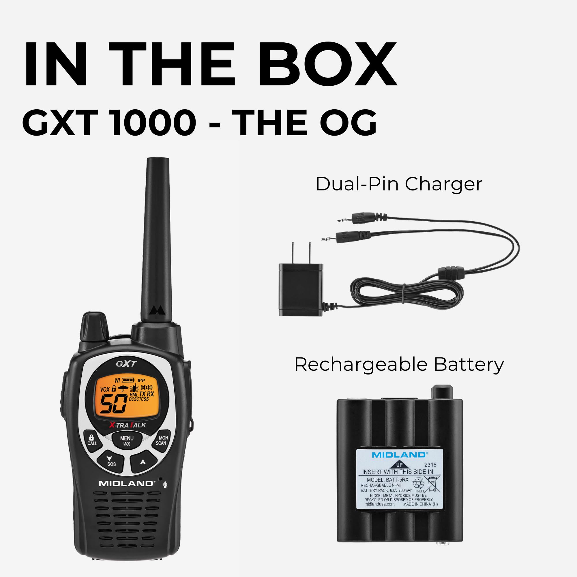 Midland GXT1030VP4 GMRS Two-Way Radio (50-Channel, Long Range, 142 Privacy Codes, SOS, NOAA, Rechargeable Nickel Battery, Black/Yellow, 2-Pack)