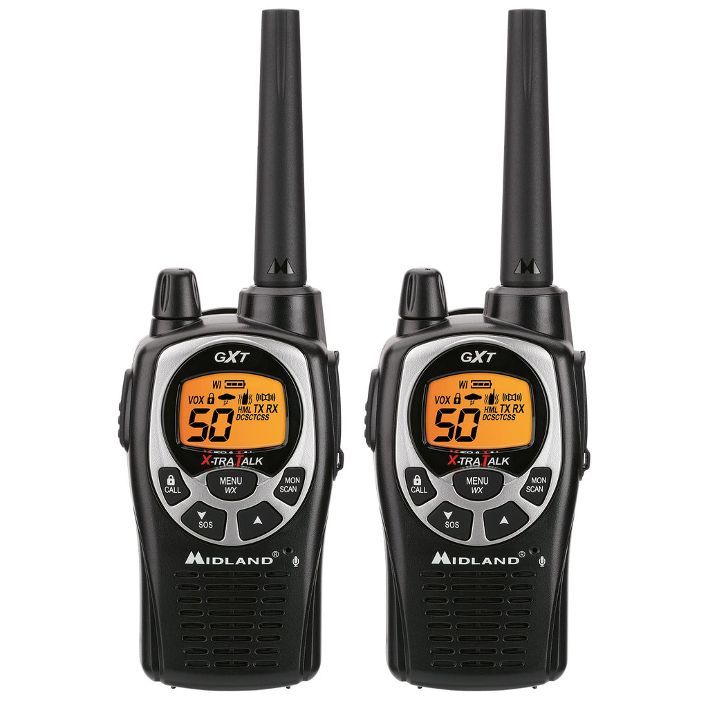 Midland GXT1030VP4 GMRS Two-Way Radio (50-Channel, Long Range, 142 Privacy Codes, SOS, NOAA, Rechargeable Nickel Battery, Black/Yellow, 2-Pack)