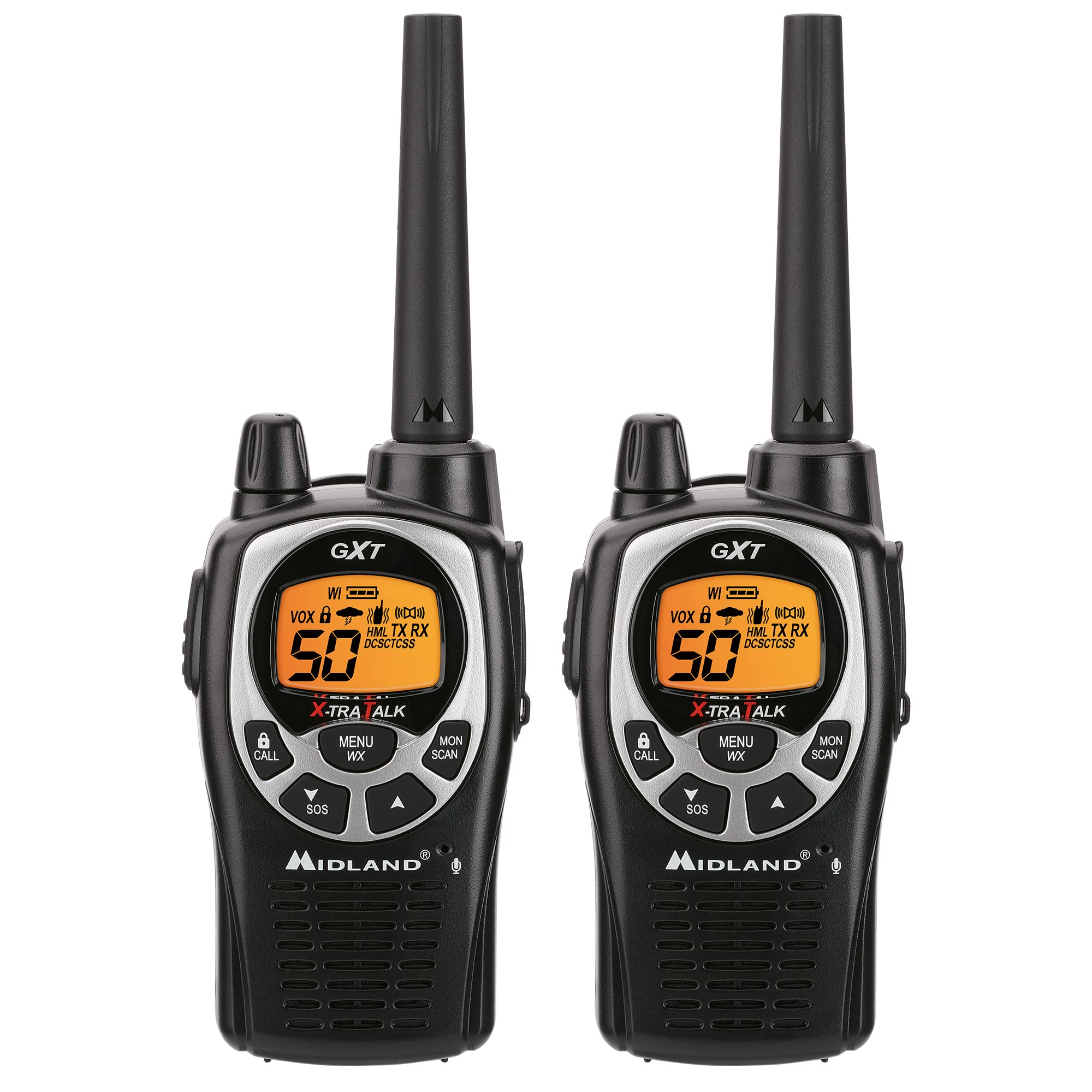 Midland GXT1030VP4 GMRS Two-Way Radio (50-Channel, Long Range, 142 Privacy Codes, SOS, NOAA, Rechargeable Nickel Battery, Black/Yellow, 2-Pack)