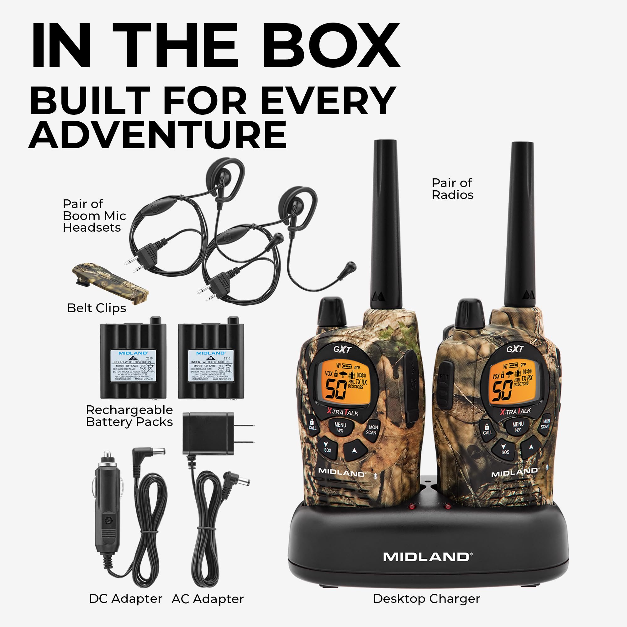 Midland GXT1030VP4 GMRS Two-Way Radio (50-Channel, Long Range, 142 Privacy Codes, SOS, NOAA, Rechargeable Nickel Battery, Black/Yellow, 2-Pack)