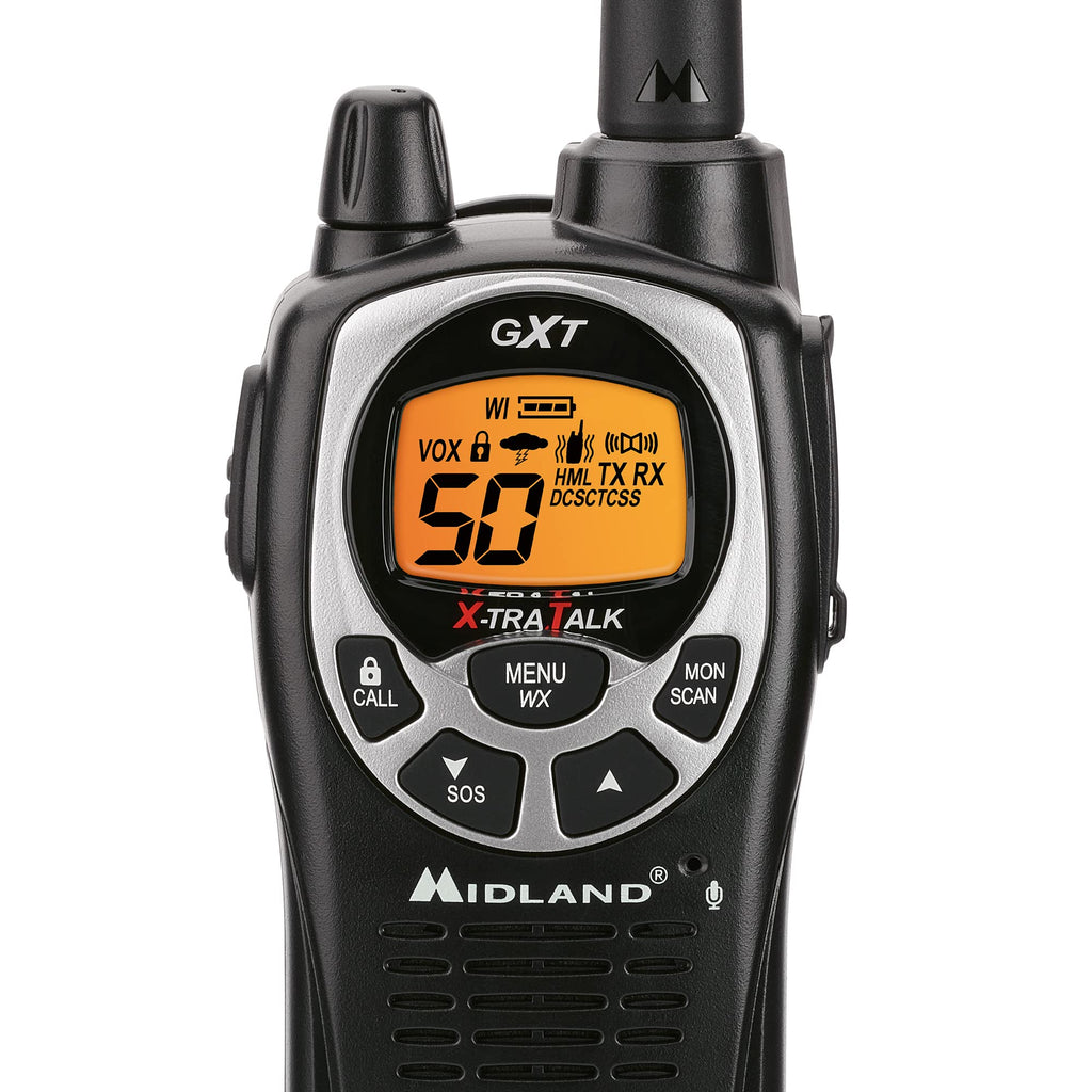 Midland GXT1030VP4 GMRS Two-Way Radio (50-Channel, Long Range, 142 Privacy Codes, SOS, NOAA, Rechargeable Nickel Battery, Black/Yellow, 2-Pack)