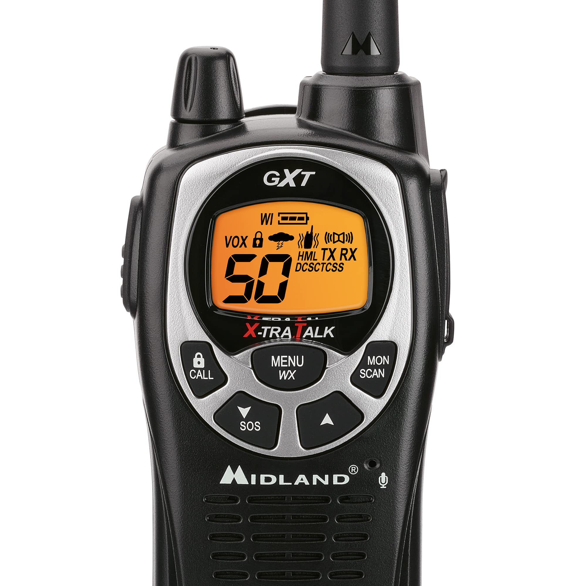 Midland GXT1030VP4 GMRS Two-Way Radio (50-Channel, Long Range, 142 Privacy Codes, SOS, NOAA, Rechargeable Nickel Battery, Black/Yellow, 2-Pack)
