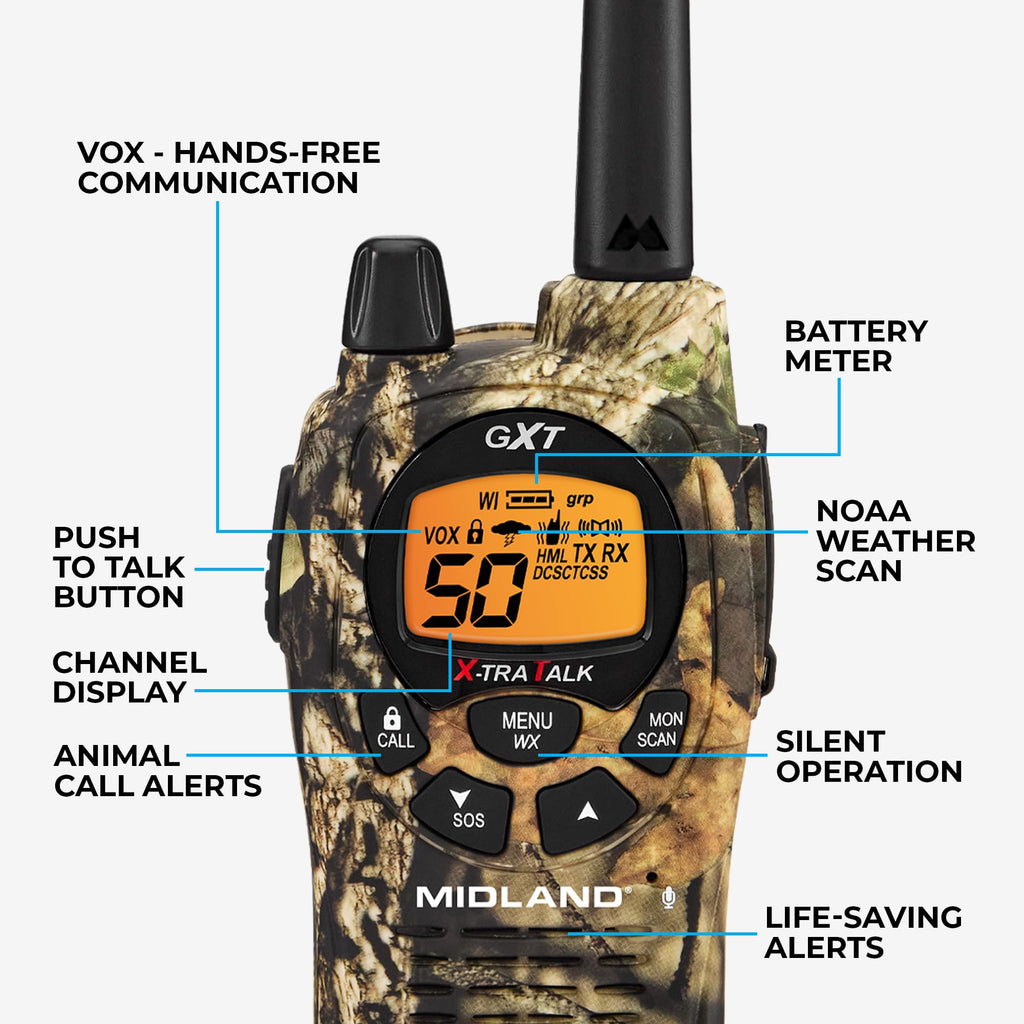Midland GXT1030VP4 GMRS Two-Way Radio (50-Channel, Long Range, 142 Privacy Codes, SOS, NOAA, Rechargeable Nickel Battery, Black/Yellow, 2-Pack)