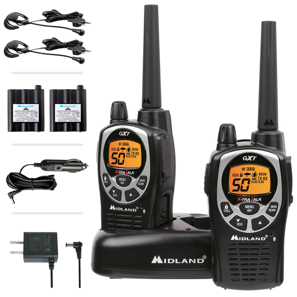 Midland GXT1030VP4 GMRS Two-Way Radio (50-Channel, Long Range, 142 Privacy Codes, SOS, NOAA, Rechargeable Nickel Battery, Black/Yellow, 2-Pack)