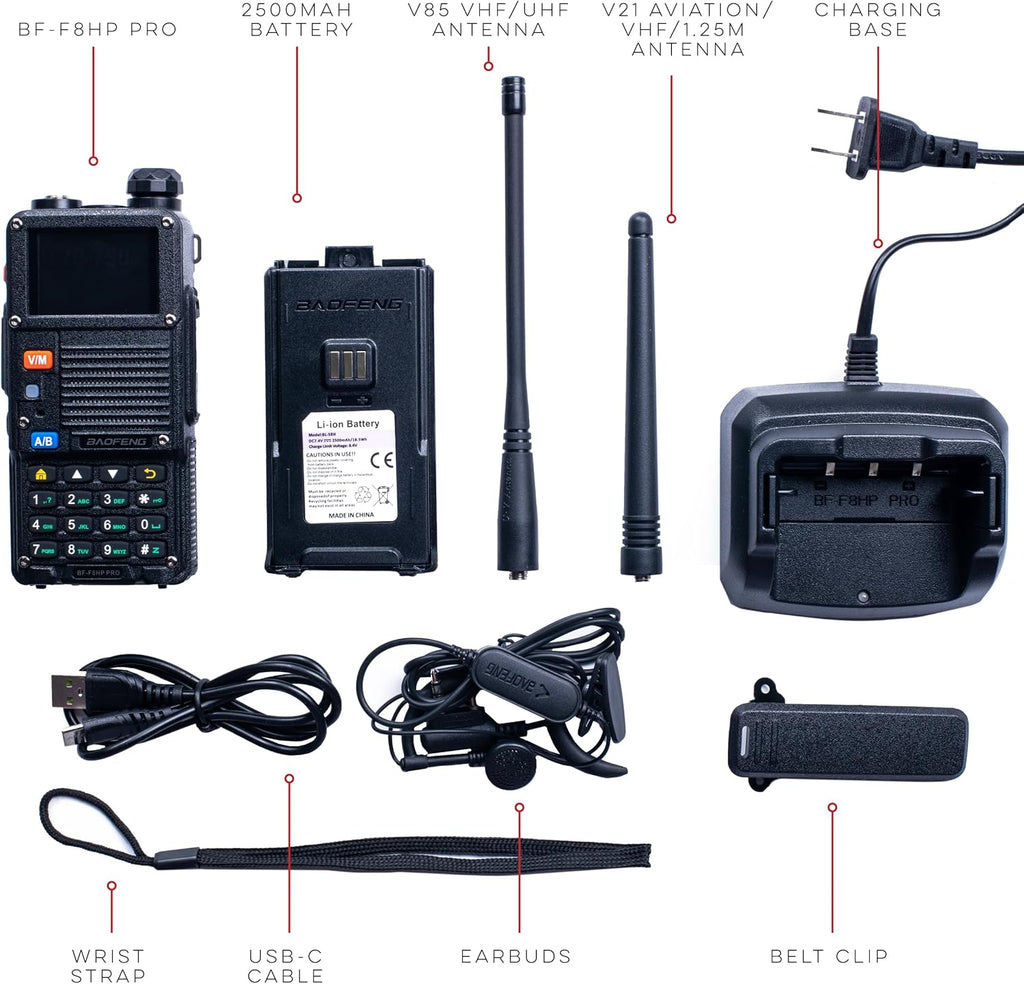 BAOFENG BF-F8HP PRO 10 W Tri-Band Two-Way Radio – UV-5R 7th Gen, 1000 Channels, GPS & NOAA Weather, Aviation/VHF/UHF/1.25 m Scanner, IP54 Rugged, USB-C Rechargeable Battery